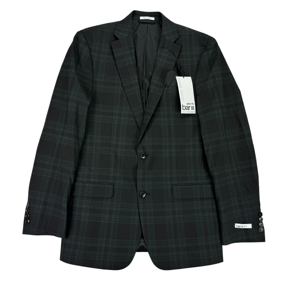 Bar III Mens Slim Fit Wool Blend Power Stretch Suit Jacket Green Black 38L